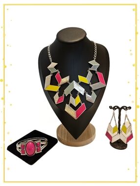 Geometric Design Statement Necklace Set In Silver Tone, Yellow & Fuchsia Pink